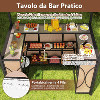 Set Bar da Patio a 3 Pezzi, Gazebo per Griglia e 2 Sgabelli da Bar con Tavolo in Vetro Temperato, Ripiani in Metallo, Portabicchieri, per Giardino Cortile e Spiaggia (Marrone)