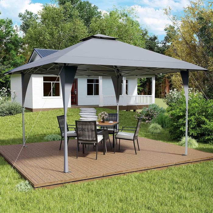 Tenda Pop-up Esterno 4x4 m Doppio Tetto, Gazebo da Giardino Altezza Regolabile con Fori di Drenaggio, Tenda da Giardino Antivento Facile da Montare con Borsa di Trasporto (Grigio)
