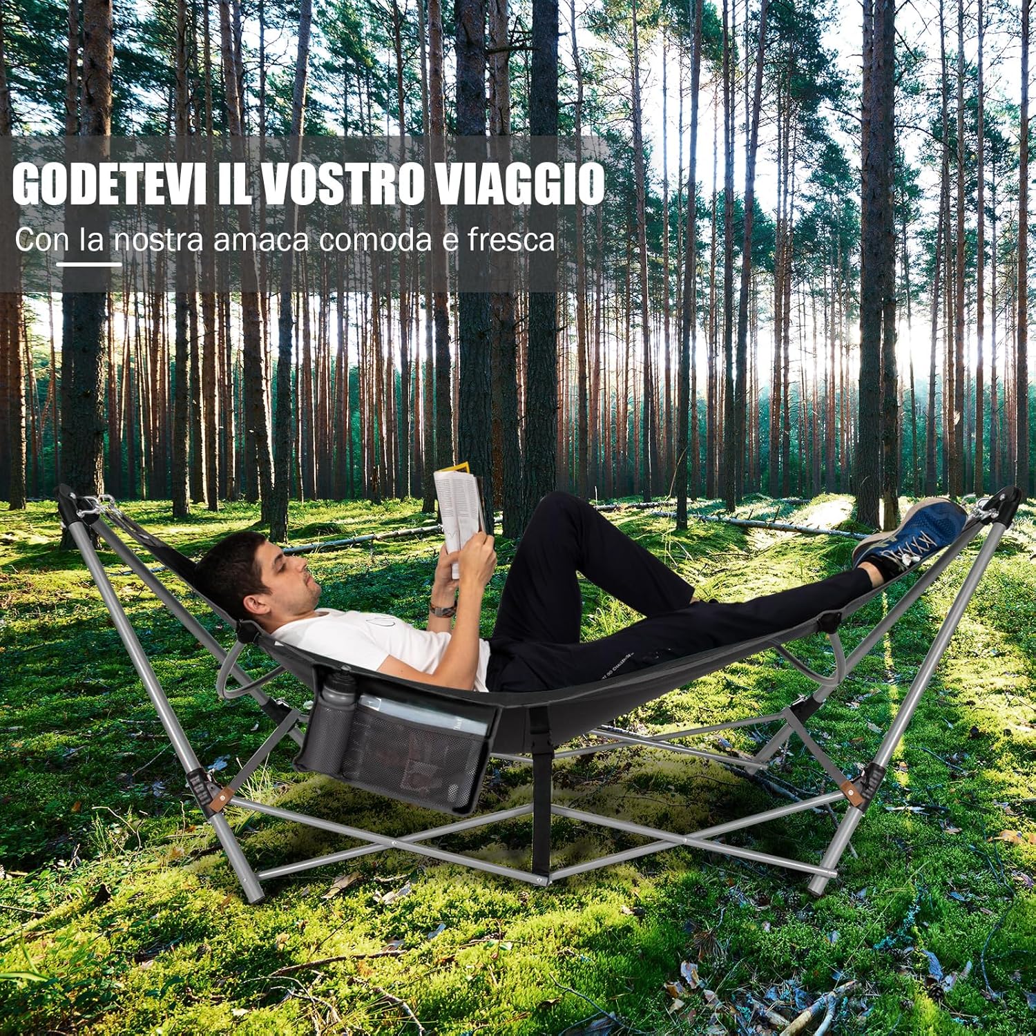 Amaca Pieghevole, Amaca con Tasca Laterale, Amaca con Supporto in Metallo e Fibbie Antiribaltamento, per Interno ed Esterno, Fino a 150 kg(Nero)