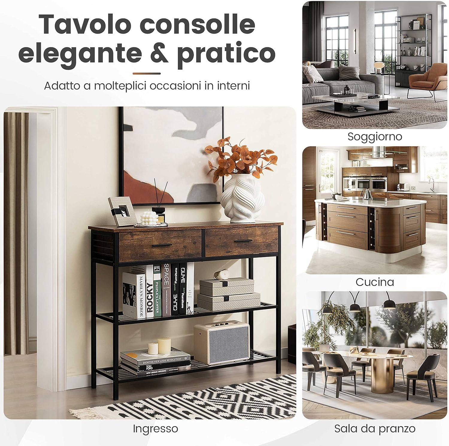 Tavolo Consolle in Legno, Tavolo da Ingresso con 2 Cassetti e 2 Ripiani, Tavolo Multifunzionale e Moderno per Ingresso, Soggiorno e Corridoio, 100 x 30 x 81,5 cm (Marrone Rustico)