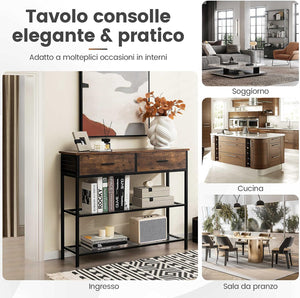Tavolo Consolle in Legno, Tavolo da Ingresso con 2 Cassetti e 2 Ripiani, Tavolo Multifunzionale e Moderno per Ingresso, Soggiorno e Corridoio, 100 x 30 x 81,5 cm (Marrone Rustico)