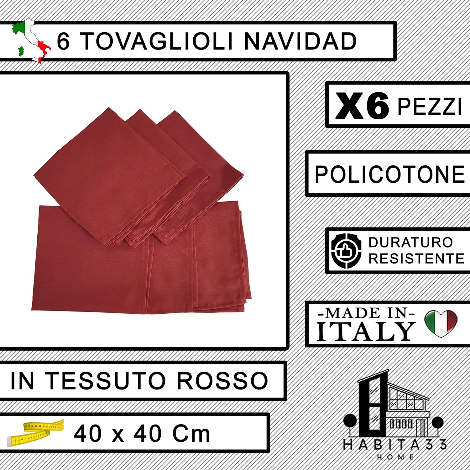Set 6 Tovaglioli Rossi  40x40 cm da Abbinare perfettamente alla Tovaglia da Cucina, Giardino, Pic Nic, Made in Italy (Rosso, 6 Tovaglioli)