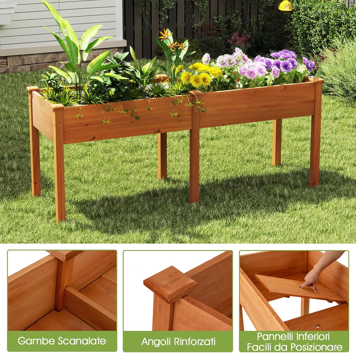 Fioriera da Giardino Rialzata, Letto da Giardino Elevato in Legno con Pannello Divisore, Fori di Drenaggio, Aiuola Rialzata per Piante, Fiori, Erbe e Verdure (Marrone)