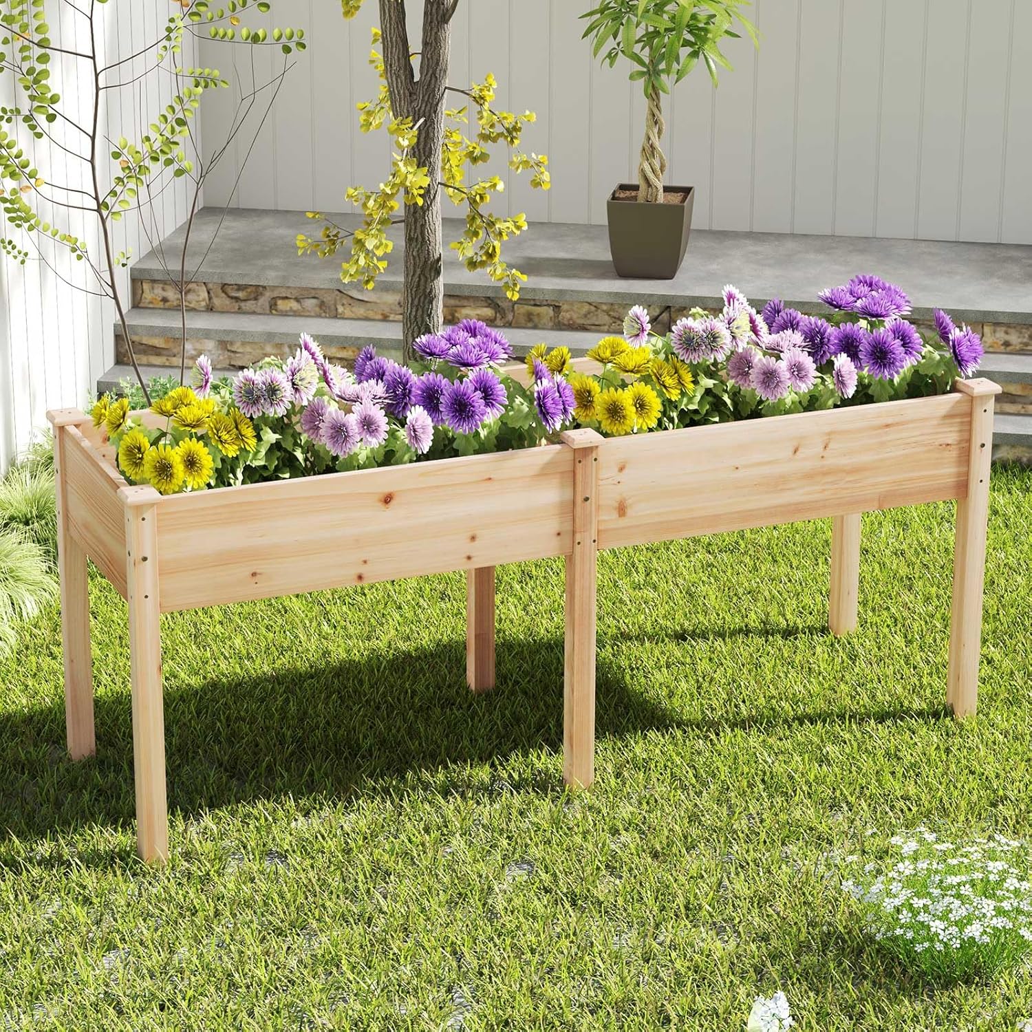 Fioriera da Giardino Rialzata, Letto da Giardino Elevato in Legno con Pannello Divisore, Fori di Drenaggio, Aiuola Rialzata per Piante, Fiori, Erbe e Verdure (Naturale)