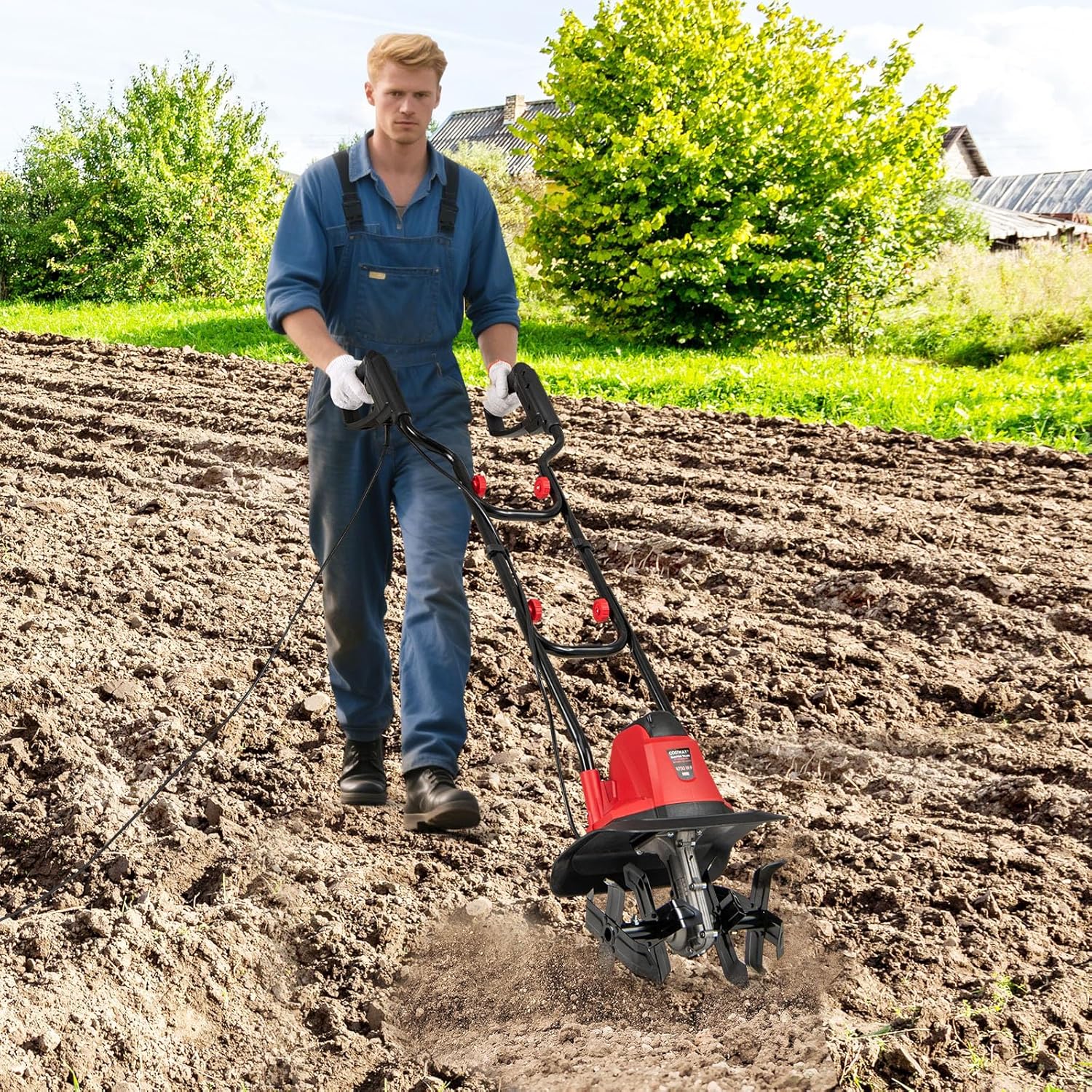 Motozappa Elettrica a Filo, Zappatrice da Giardino con Manico Ergonomico e Motore Forte, Motocoltivatore Pieghevole per Scavare Terreno del Prato (32,5 x 24 x 138 cm,Rosso)