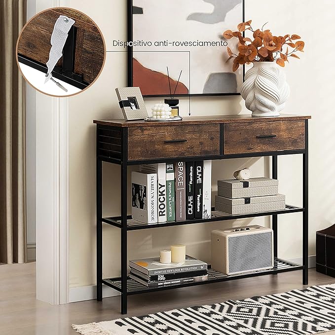 Tavolo Consolle in Legno, Tavolo da Ingresso con 2 Cassetti e 2 Ripiani, Tavolo Multifunzionale e Moderno per Ingresso, Soggiorno e Corridoio, 100 x 30 x 81,5 cm (Marrone Rustico)