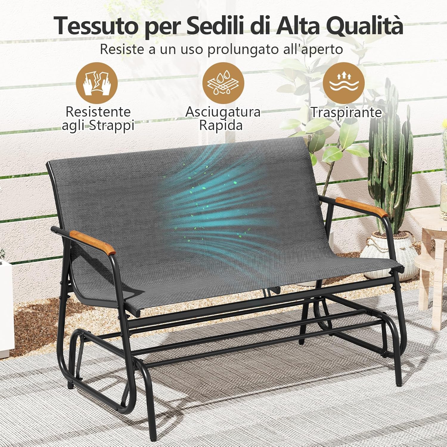 Panca a Dondolo da Esterno, Panchina a 2/3 Posti da Giardino con Movimento Oscillante, Braccioli Curvi in Legno, Sedia a Dondolo per Veranda, Giardino, Portata 300KG/450KG (2 Posti)