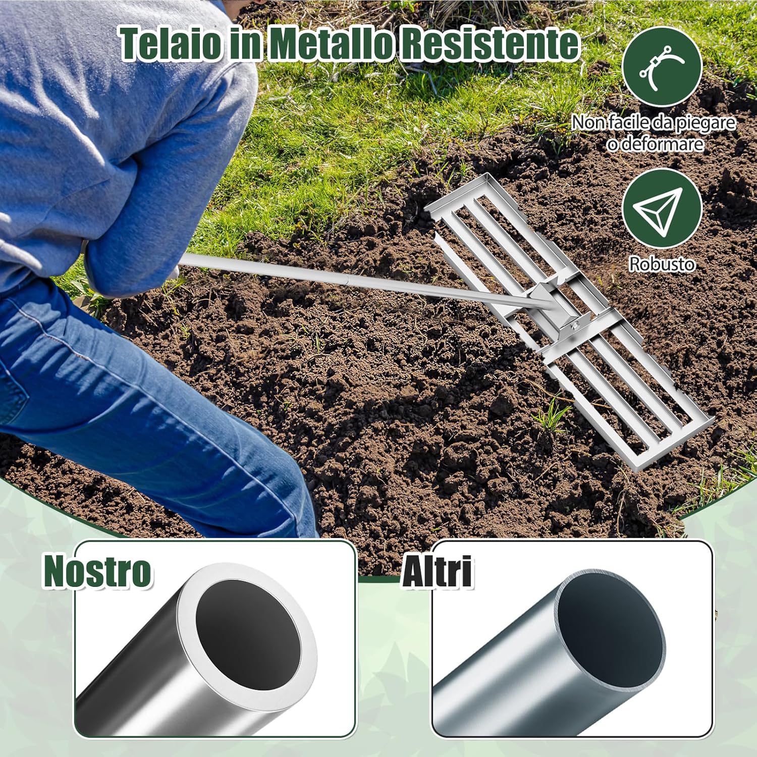Rastrello Livellatore per Prato, Attrezzo per la Livellatura del Prato con Manico Ergonomico, Livellatrice per Giardino, Cortile, Campo da Golf, Fattoria e Pascolo (Argento 91 x 25 cm)