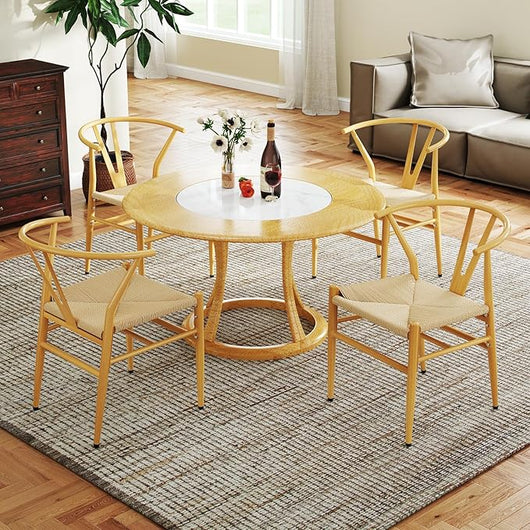 Set di 2 Sedie Sala da Pranzo, Sedie Moderna in Metallo con Seduta Intrecciato, Schienale a Forma di Y e Braccioli, Poltrone per Ufficio, Cucina e Ristorante, 46 x 59 x 73 cm (Naturale)
