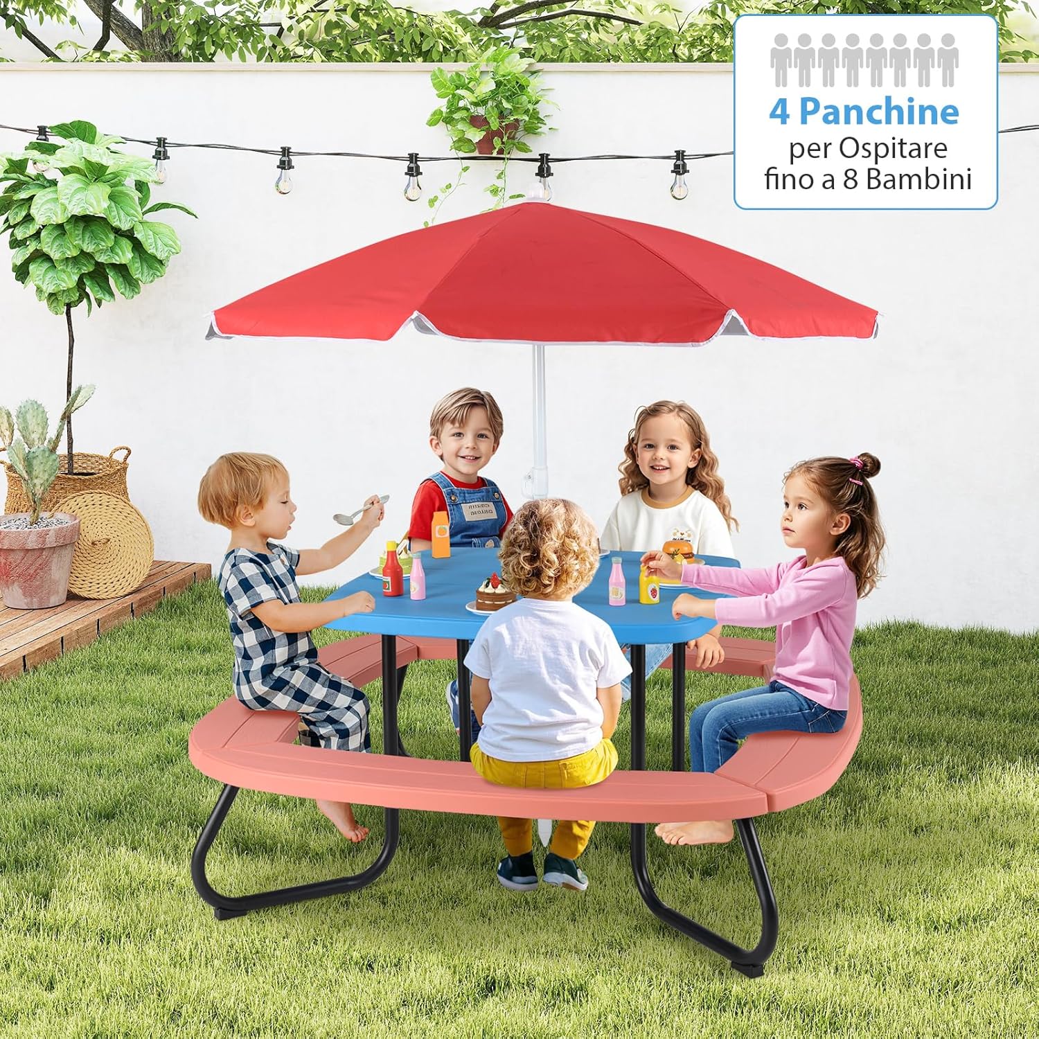 Tavolo da Picnic per Bambini con 8 Posti 125 × 125 × 100-160 cm, Tavolino Bambini in HDPE con Ombrellone Regolabile e Pieghevole, Struttura in Metallo e 4 Panchine (tavolo blu)