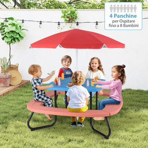Tavolo da Picnic per Bambini con 8 Posti 125 × 125 × 100-160 cm, Tavolino Bambini in HDPE con Ombrellone Regolabile e Pieghevole, Struttura in Metallo e 4 Panchine (tavolo blu)