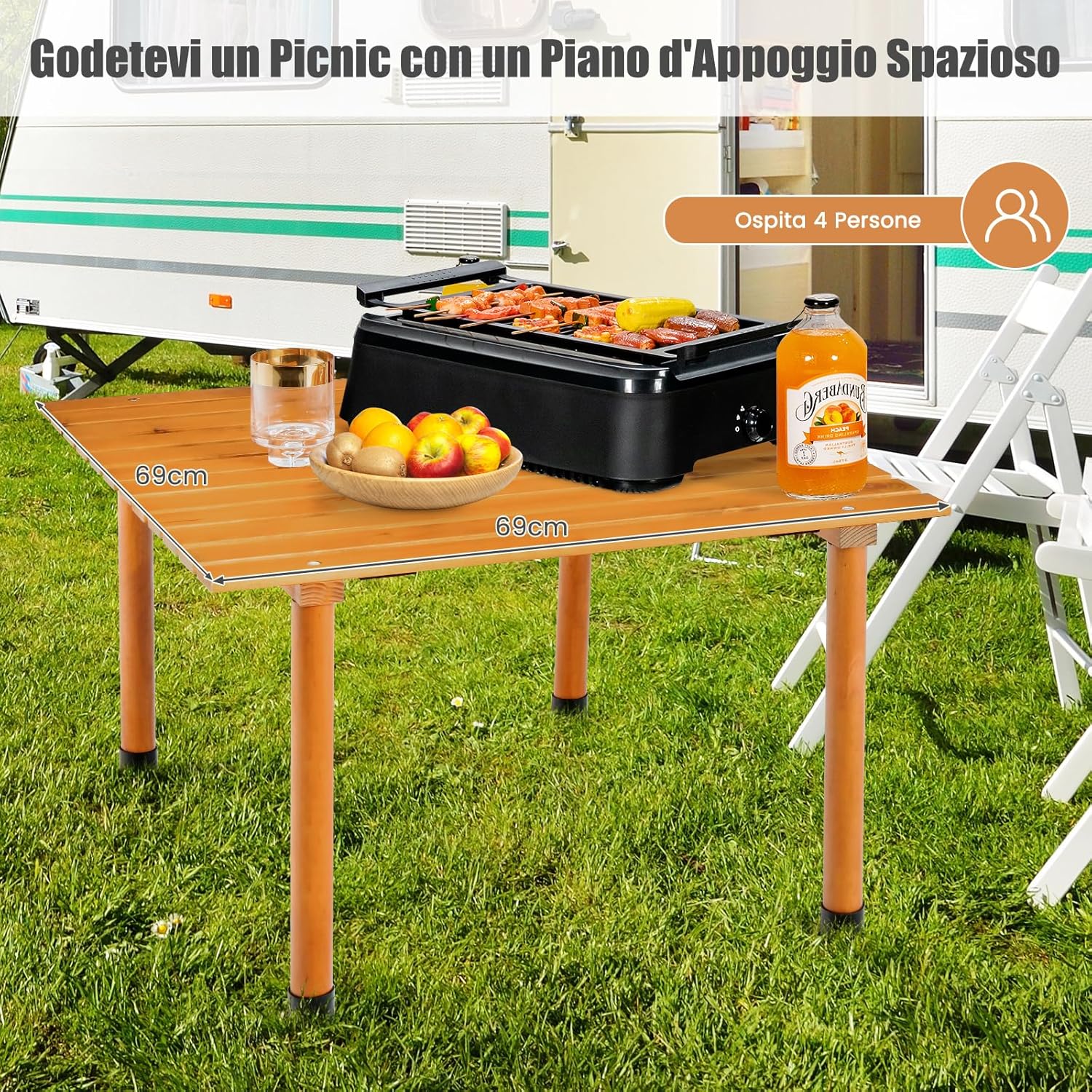 Tavolo da Campeggio Pieghevole per Esterni, Tavolo Picnic in Legno con Borsa Portatile, Tavolo da Campeggio Multifunzione per Spiaggia, Picnic, Pesca, Barbecue, 69 x 69 x 42 cm (Naturale)