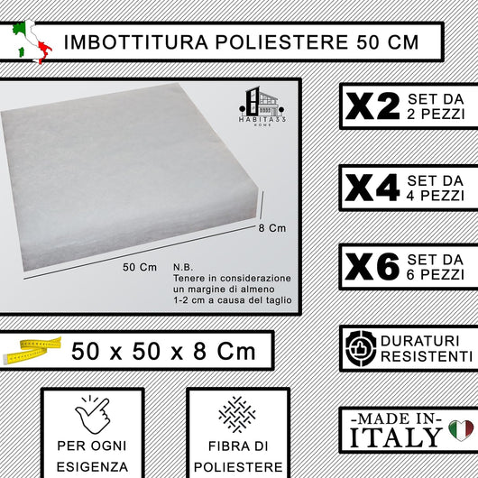 Set 6 Imbottitura Cuscini 50x50x8, Inserto Cuscino Poliestere per Cuscini Sedie Cucina o Esterno, Cuscino Personalizzato, Made in Italy (6, Poliestere 50 cm)
