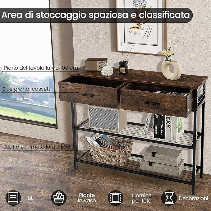 Tavolo Consolle in Legno, Tavolo da Ingresso con 2 Cassetti e 2 Ripiani, Tavolo Multifunzionale e Moderno per Ingresso, Soggiorno e Corridoio, 100 x 30 x 81,5 cm (Marrone Rustico)