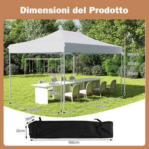 Gazebo Pop-up Pieghevole 3 x 4,5 m, Gazebo da Giardino Impermeabile Altezza Regolabile con Fori di Drenaggio, Tenda da Giardino Antivento con Borsa di Trasporto a Ruote (Bianco)