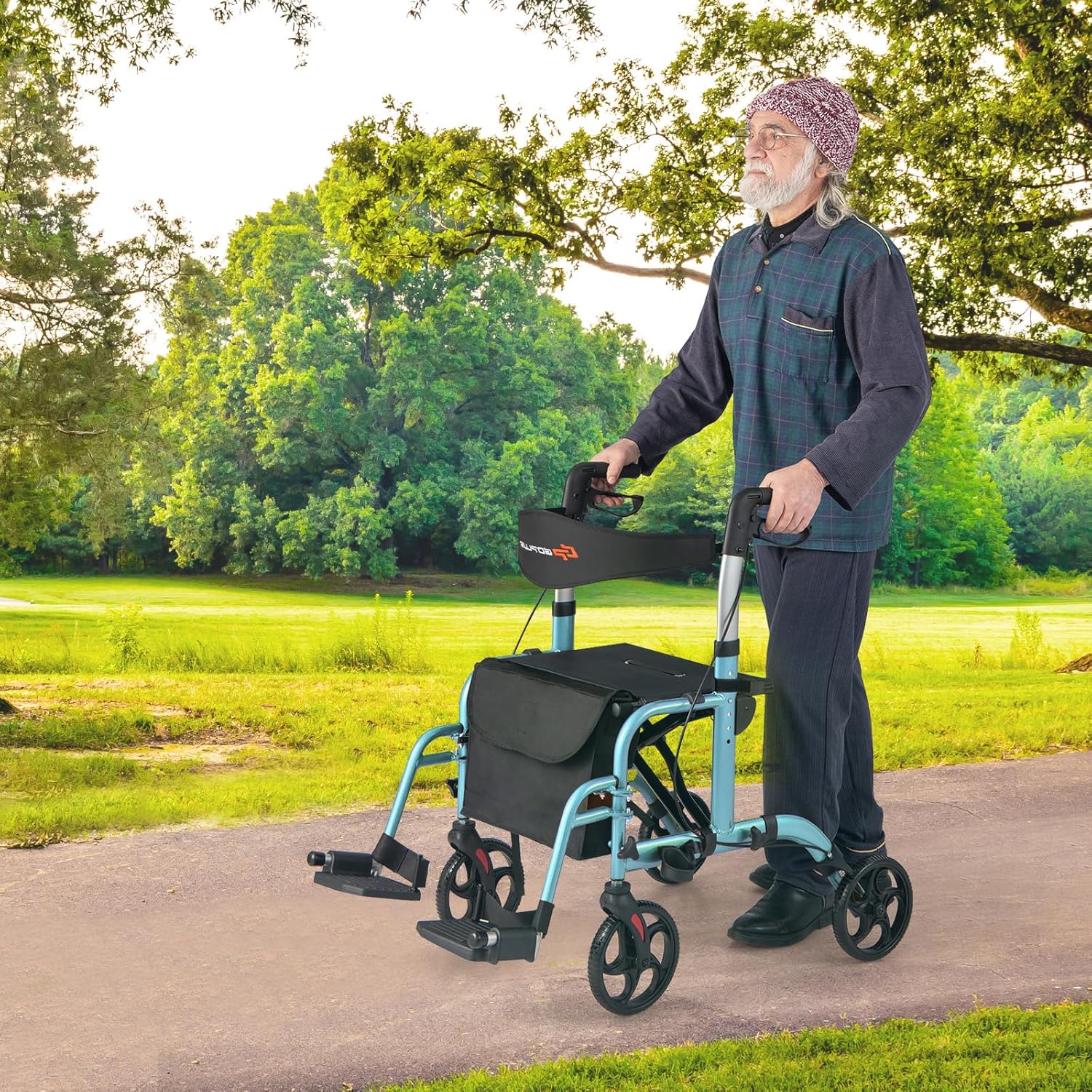 Deambulatore Multiuso 2 in 1, Deambulatore per Anziani in Alluminio con Altezza Regolabile a 6 Livelli, Poggiapiedi Pieghevole (Blu)