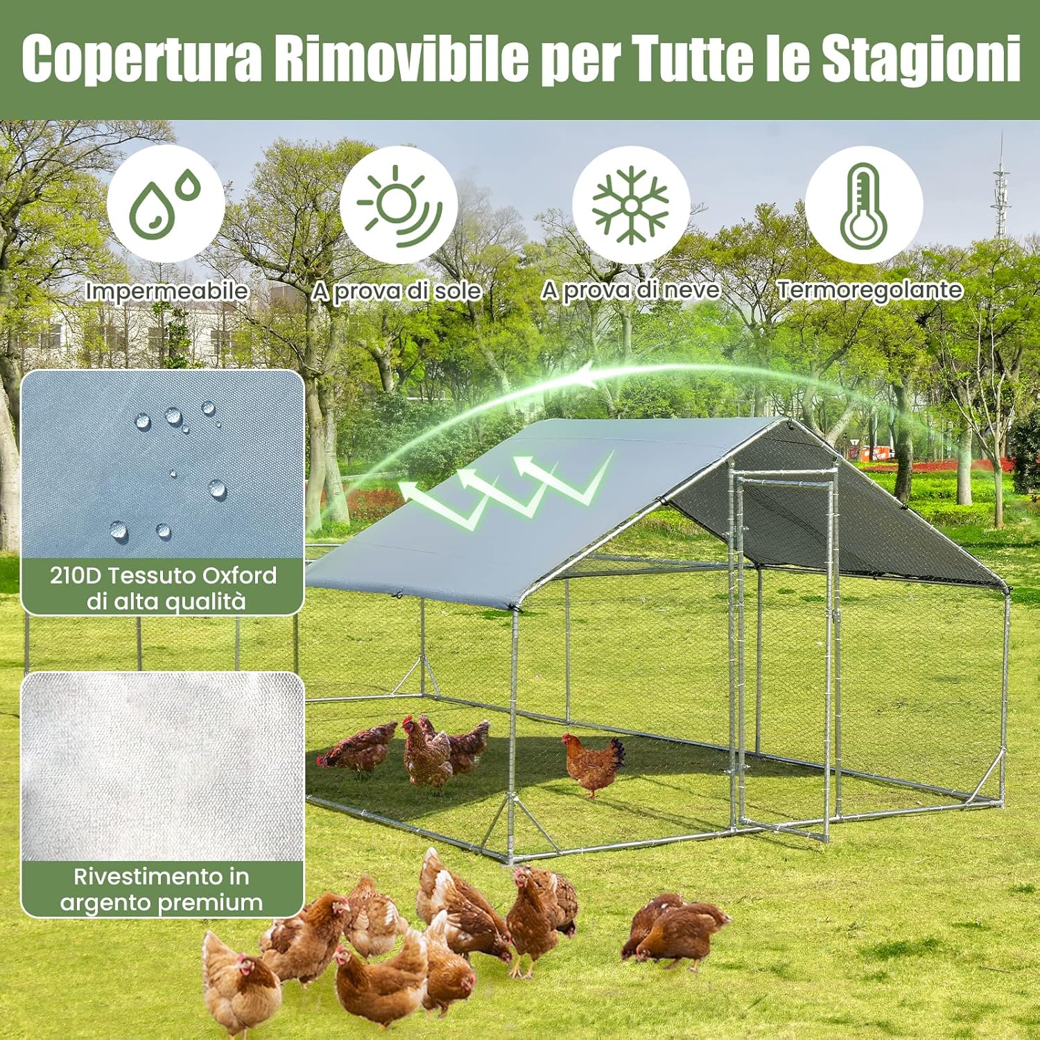 Pollaio per Galline da Esterno 3 x 6 x 1,95 M, Gabbia da Esterno Grande in Acciaio Zincato con Serratura e Tetto Impermeabile e Resistente al Sole, Recinto per Galline e Conigli