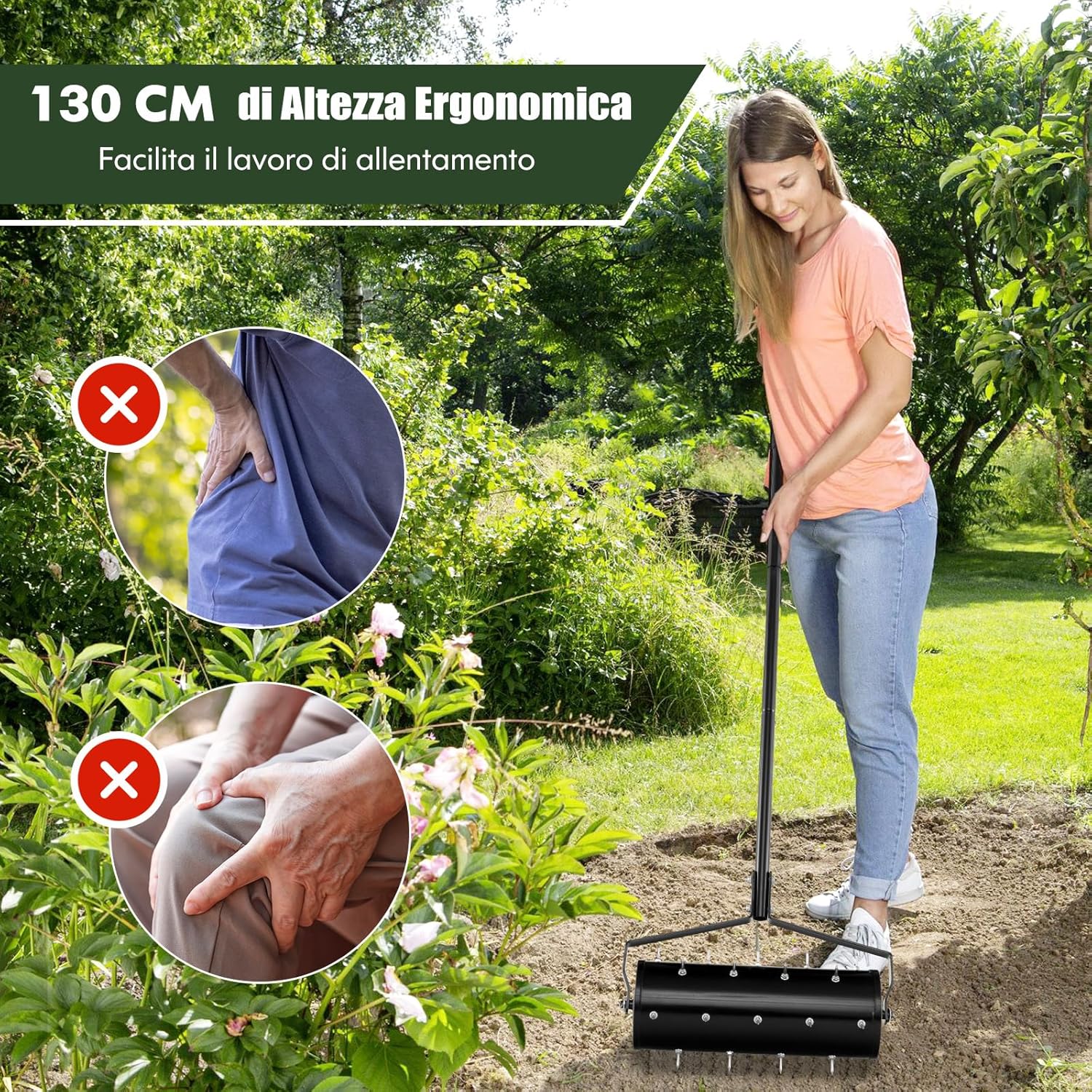 Arieggiatore Giardino 44/53 CM, Arieggiatore da Prato con Manico Rimovibile e Punte per Allentamento del Terreno, Arieggiatore Manuale per Prato, Giardino e Cortile (44 x 128 cm Nero)