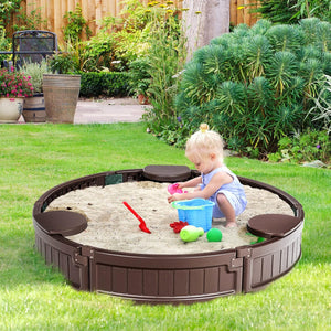 Sabbiera per Bambini con Rotondo Coperchio Impermeabile, Ideale per Giardino, Cortile e Spiaggia,120 x 120 x 21 cm, Marrone