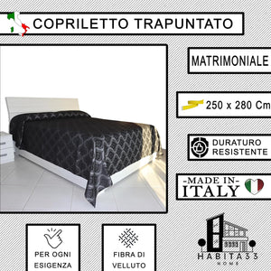 Copriletto Matrimoniale Autunno Inverno in Morbido Velluto Trapuntato, Misure Generose 250x280cm, Manifattura Italiana (Black Damascato)