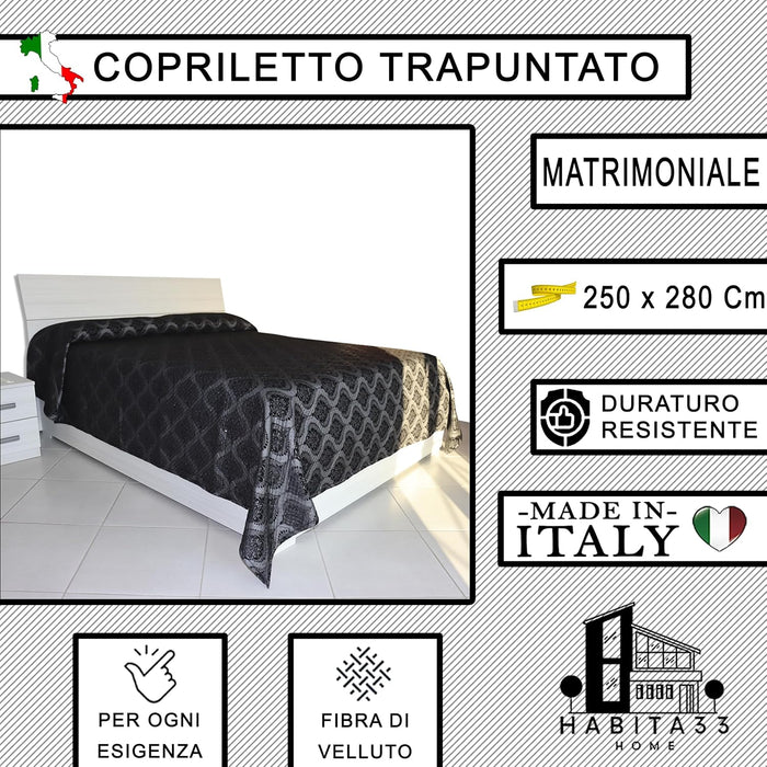 Copriletto Matrimoniale Autunno Inverno in Morbido Velluto Trapuntato, Misure Generose 250x280cm, Manifattura Italiana (Black Damascato)