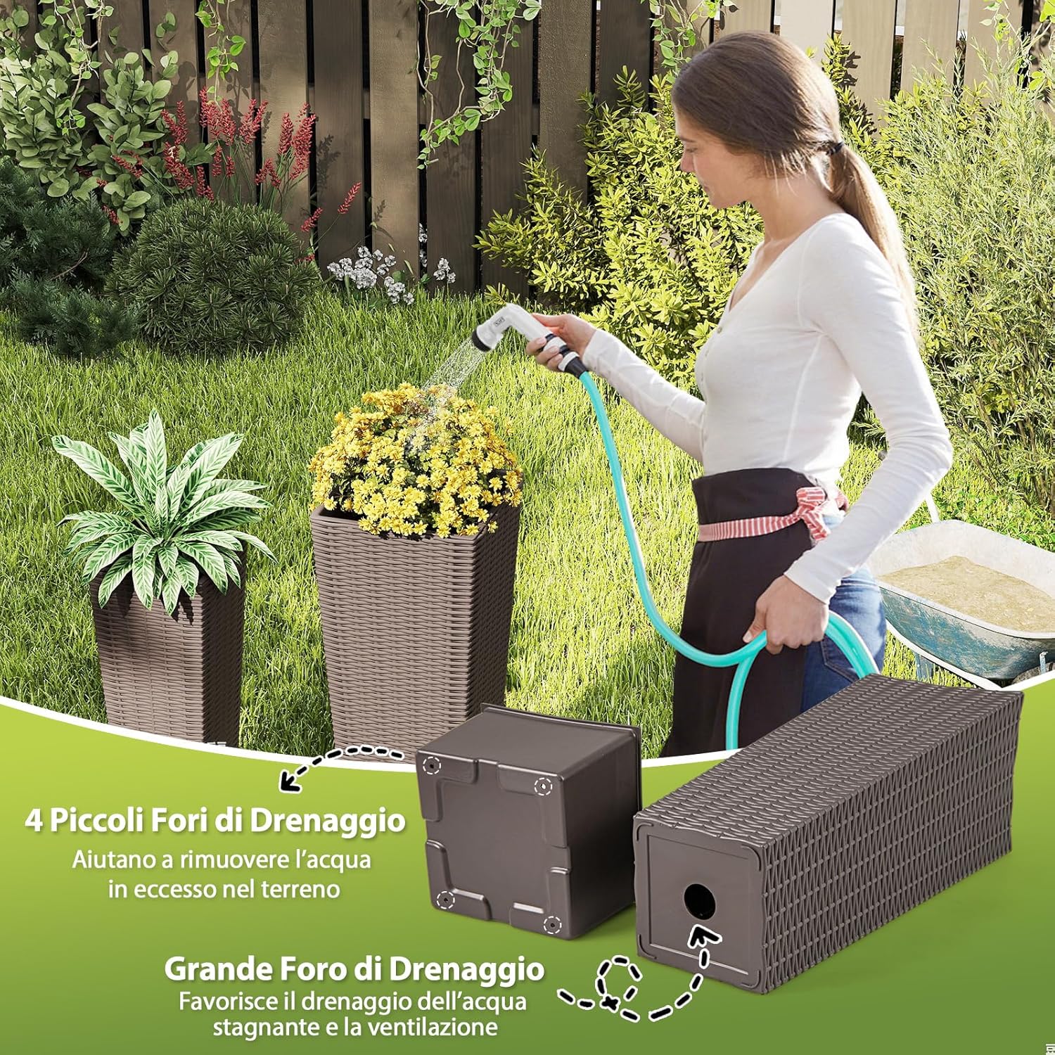2 Vasi Alti per Piante da Interno ed Esterno, Grandi Fioriere in Rattan con Vassoi Interni Rimovibili, Fori di Drenaggio, Fioriere Decorative per Giardino, Cortile e Balcone (Marrone)