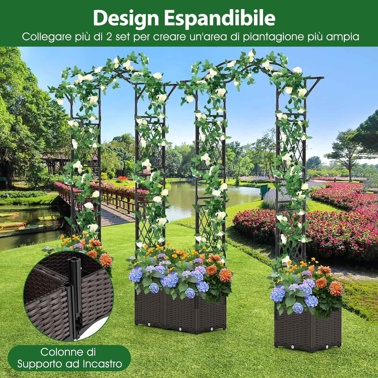 Arco da Giardino con 2 Fioriere Auto-irriganti e Ruote, Supporto per Piante in Metallo Rivestita PE Antiruggine, Grande Arco per Viti e Rose da Matrimonio all'Aperto (Nero)