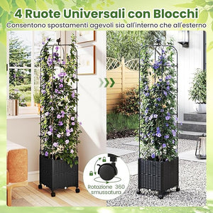 Traliccio per Rampicanti da Esterno, Obelisco Regolabile in Altezza tra 106-211 cm con Vasca per Piante e Ruote Bloccabili, Obelisco in Metallo per Fiori, Frutti e Verdure