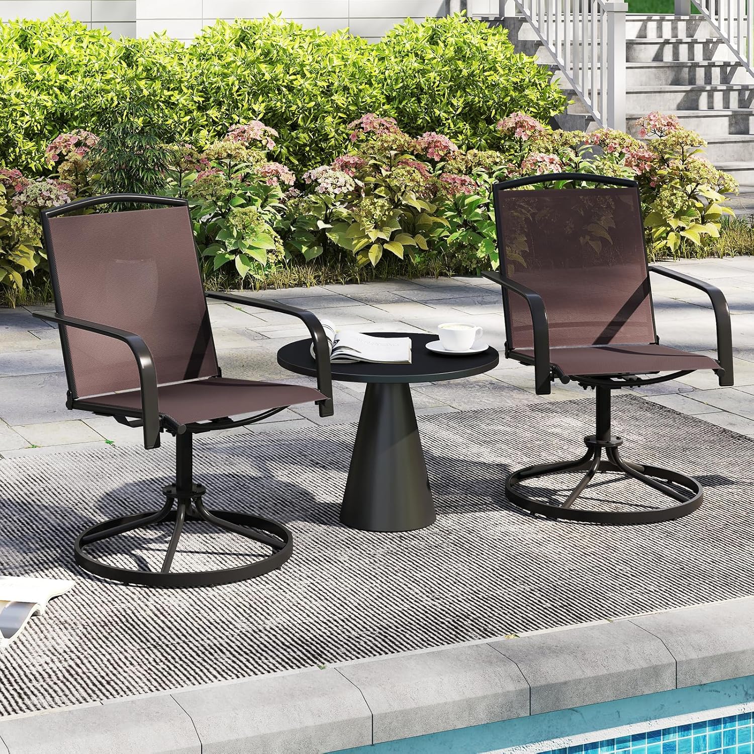 Set di 2 Sedie da Patio Girevoli, Poltrone a Dondolo in Rete a 360° con Schienale Alto e Base Rotonda in Metallo, Sedia a Dondolo Robuste per Giardino Balcone, Portata 150 kg (Marrone)