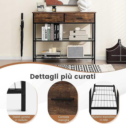 Tavolo Consolle in Legno, Tavolo da Ingresso con 2 Cassetti e 2 Ripiani, Tavolo Multifunzionale e Moderno per Ingresso, Soggiorno e Corridoio, 100 x 30 x 81,5 cm (Marrone Rustico)
