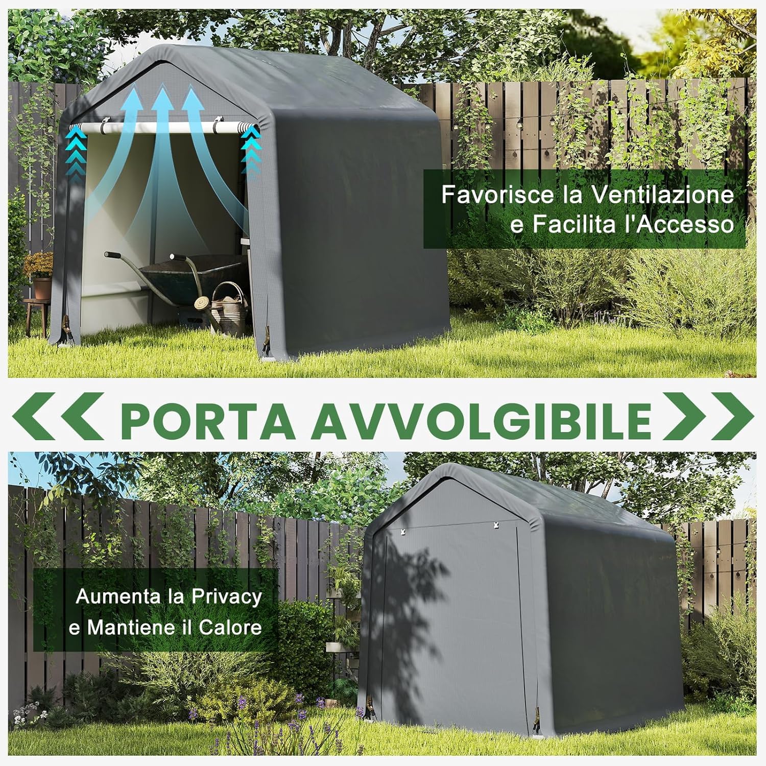 Tenda Garage per Moto e Bicicletta Impermeabile, Cappanone da Esterno con Porta a Cerniera Arrotolabile, Tendone Deposito da Giardino Multiuso per Attrezzi, 240 x 195 x 214 cm