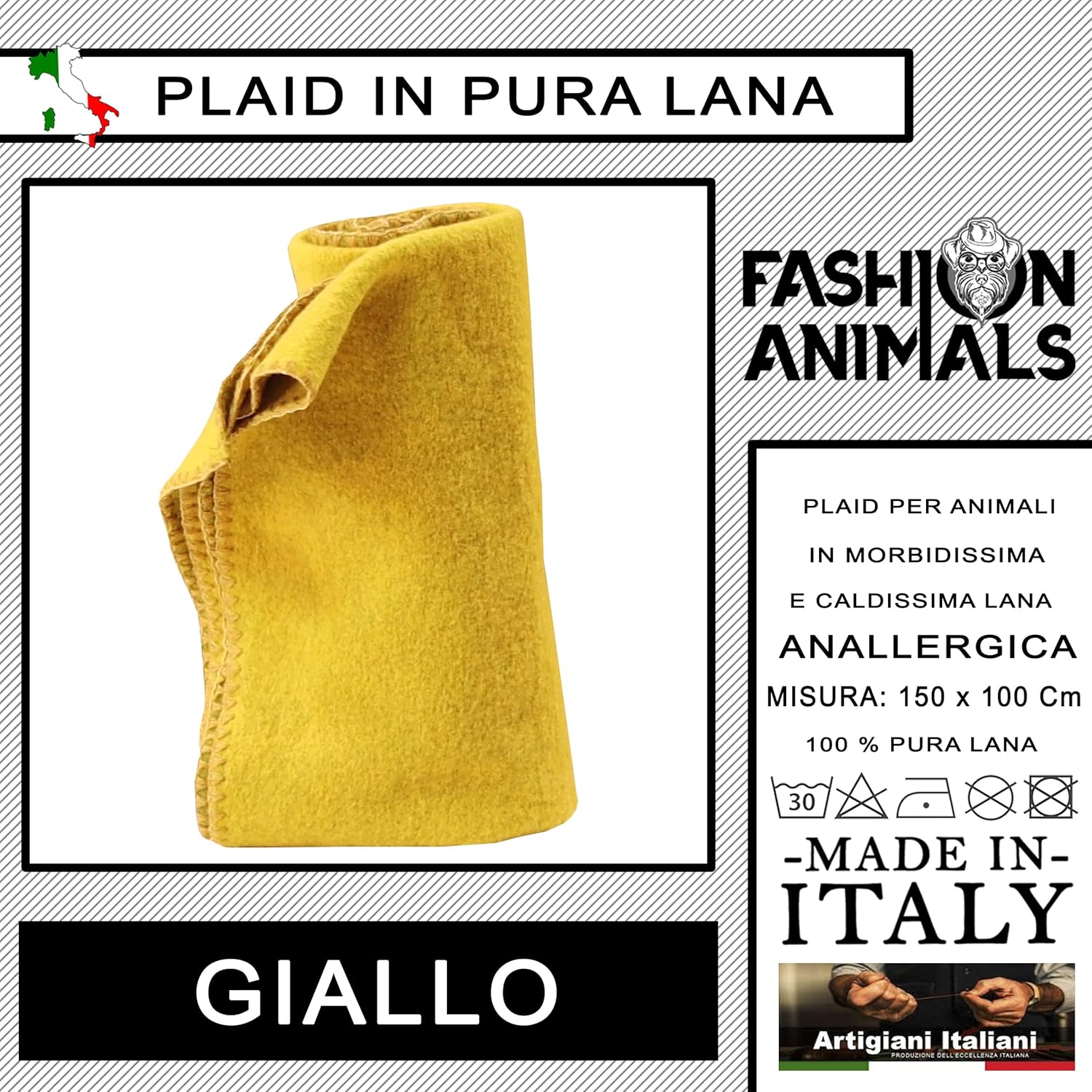 Plaid per cani e gatti - 100% Lana - Coperta morbida e lavabile 150x100 cm - Elegante e resistente - Made in Italy (Senape)