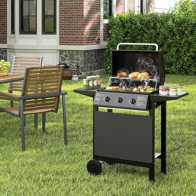 Griglia a Gas con 3 Bruciatori, Griglia da Esterno con Coperchio in Acciaio Inox e Tavolini Laterali, Attrezzatura per Barbecue da Patio su Ruote per Campeggio, Giardino