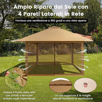 Gazebo Pieghevole da Giardino 4 x 4 m, Altezza Regolabile, Gazebo Pop-up con Zanzariera, Borsa di Trasporto, Doppio Tetto Ventilato e per Giardino Patio e Cortile (Cachi)