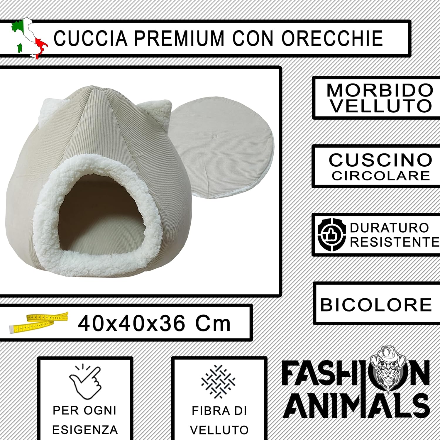Cuccia Premium per cani e gatti - Letto morbido e confortevole - Base antiscivolo - Resistente e Facile da lavare (with ears-Beige)