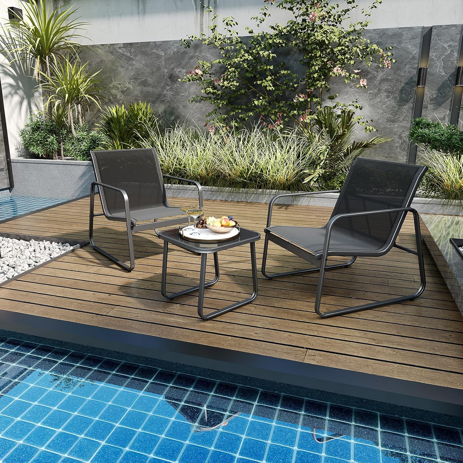 Set da Conversazione a 3 Pezzi, Set di 2 Sedie in Textilene e Tavolino in Vetro Temperato, Set da Giardino a 3 Pezzi con Struttura in Metallo, per Giardino, Terrazza, Piscina (Nero)