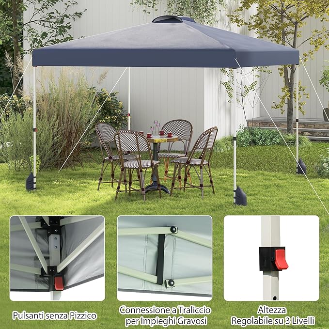 Gazebo Pieghevole 3 x 3 m, Gazebo da Esterno con Borsa con Ruote, Picchetti, Ancoraggi, Corde del Vento, Sacchi di Sabbia e Copertura Ventilata, Tendone Impermeabile per Feste (Grigio)
