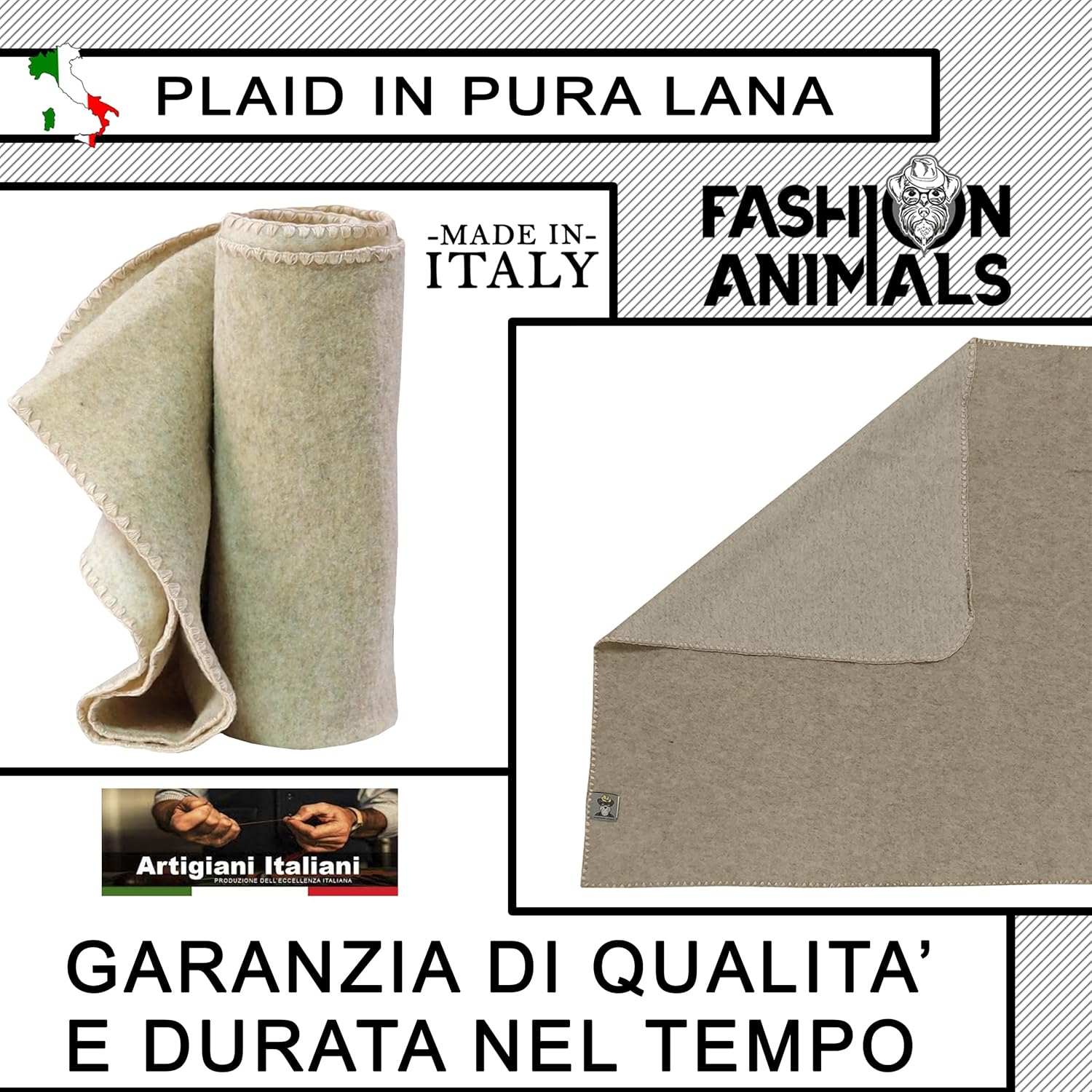 Plaid per cani e gatti - 100% Lana - Coperta morbida e lavabile 150x100 cm - Elegante e resistente - Made in Italy (Crema)