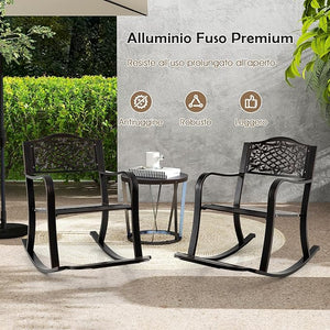 Sedia a Dondolo da Giardino Stile Rustico, Sedia da Esterno in Alluminio con Poggiapiedi, Schienale Decorativo e Braccioli, Dondolo per Giardino e Balcone, 102 x 62,5 x 89 cm, Marrone