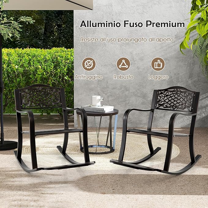 Sedia a Dondolo da Giardino Stile Rustico, Sedia da Esterno in Alluminio con Poggiapiedi, Schienale Decorativo e Braccioli, Dondolo per Giardino e Balcone, 102 x 62,5 x 89 cm, Marrone