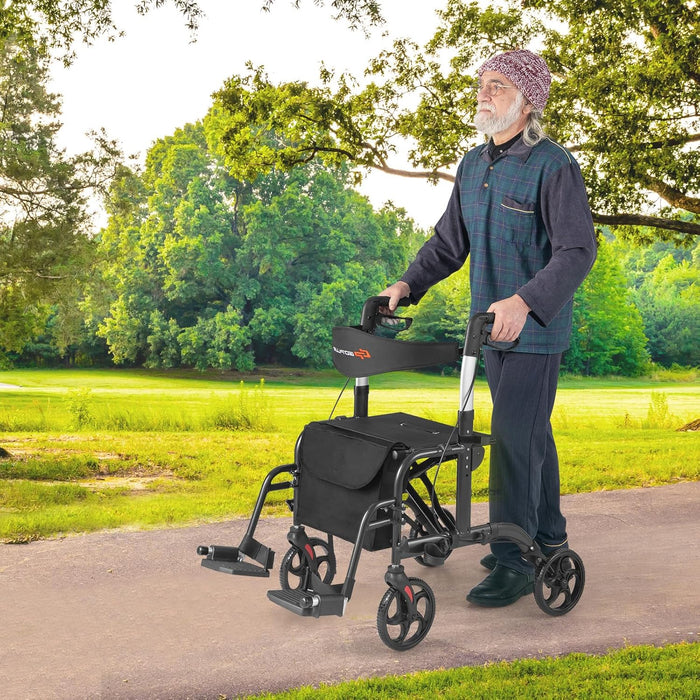 Deambulatore Multiuso 2 in 1, Deambulatore per Anziani in Alluminio con Altezza Regolabile a 6 Livelli, Poggiapiedi Pieghevole (Nero)