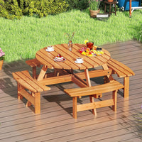 Set Tavolo con 4 Panche da Picnic, Tavolo da Pranzo Rotondo per 8 Persone, con Foro per Ombrello da 5 cm, Set di Mobili da Picnic da Esterno, per Giardino Patio (Giallo)