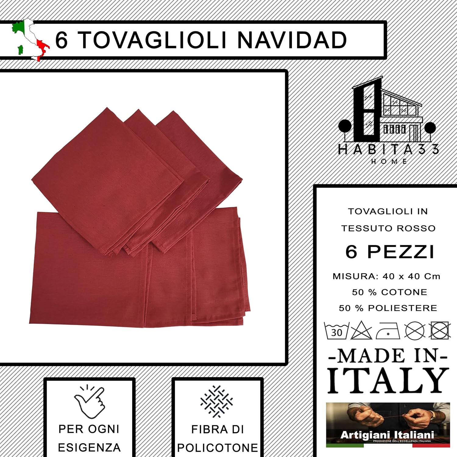 Set 6 Tovaglioli Rossi  40x40 cm da Abbinare perfettamente alla Tovaglia da Cucina, Giardino, Pic Nic, Made in Italy (Rosso, 6 Tovaglioli)