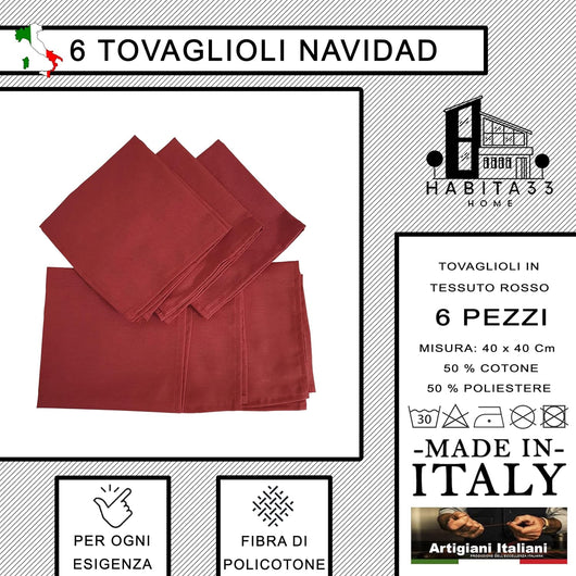 Set 6 Tovaglioli Rossi  40x40 cm da Abbinare perfettamente alla Tovaglia da Cucina, Giardino, Pic Nic, Made in Italy (Rosso, 6 Tovaglioli)