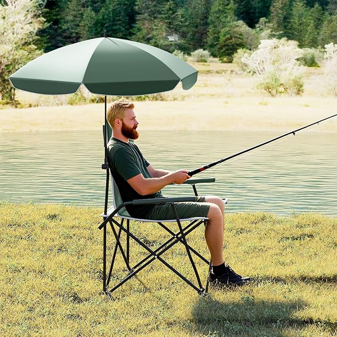 Sedia da Campeggio con Ombrello Regolabile, Sedia da Giardino Imbottita con Borsa e Tettuccio Parasole, Poltrona Pieghevole per Spiaggia, Pesca, Sport, Portata 160 kg