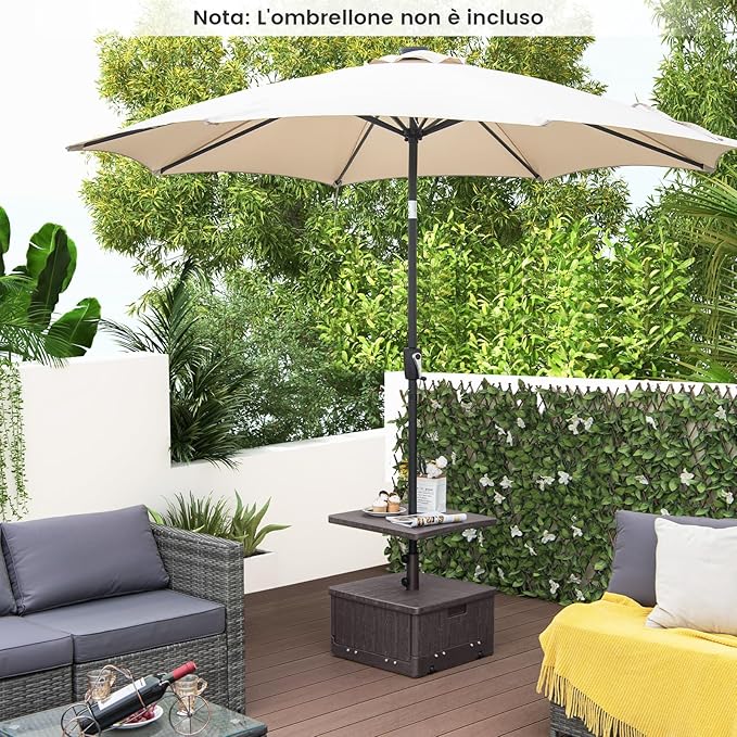 Base per Ombrellone, con Tavolino e Sacca Ponderata, Supporto per Ombrellone 45L di Acqua, 67 kg di Sabbia, Base Ombrellone 3 in 1 con Vassoio, per Ombrellone 38 mm/48 mm (Marrone)