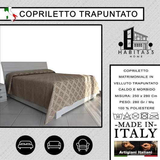 Copriletto Matrimoniale Autunno Inverno in Morbido Velluto Trapuntato, Misure Generose 250x280cm, Manifattura Italiana (Beige Damascato)