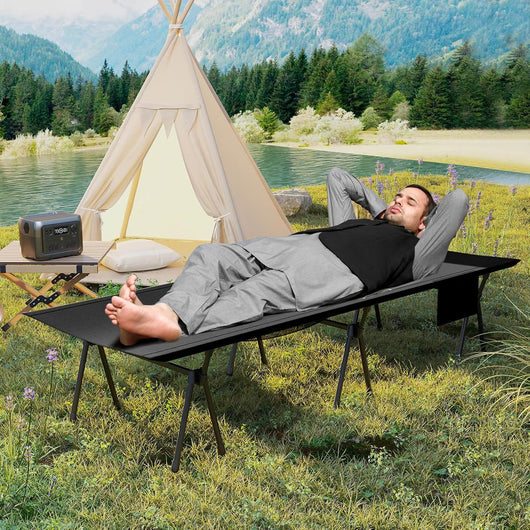 2-in-1 Brandina da Campeggio, Letto Pieghevole e Portatile con Estensori per Gambe, Tasca Laterale e Borsa da Trasporto, Lettino Regolabile in Altezza per Viaggio e Spiaggia, Portata 15 kg