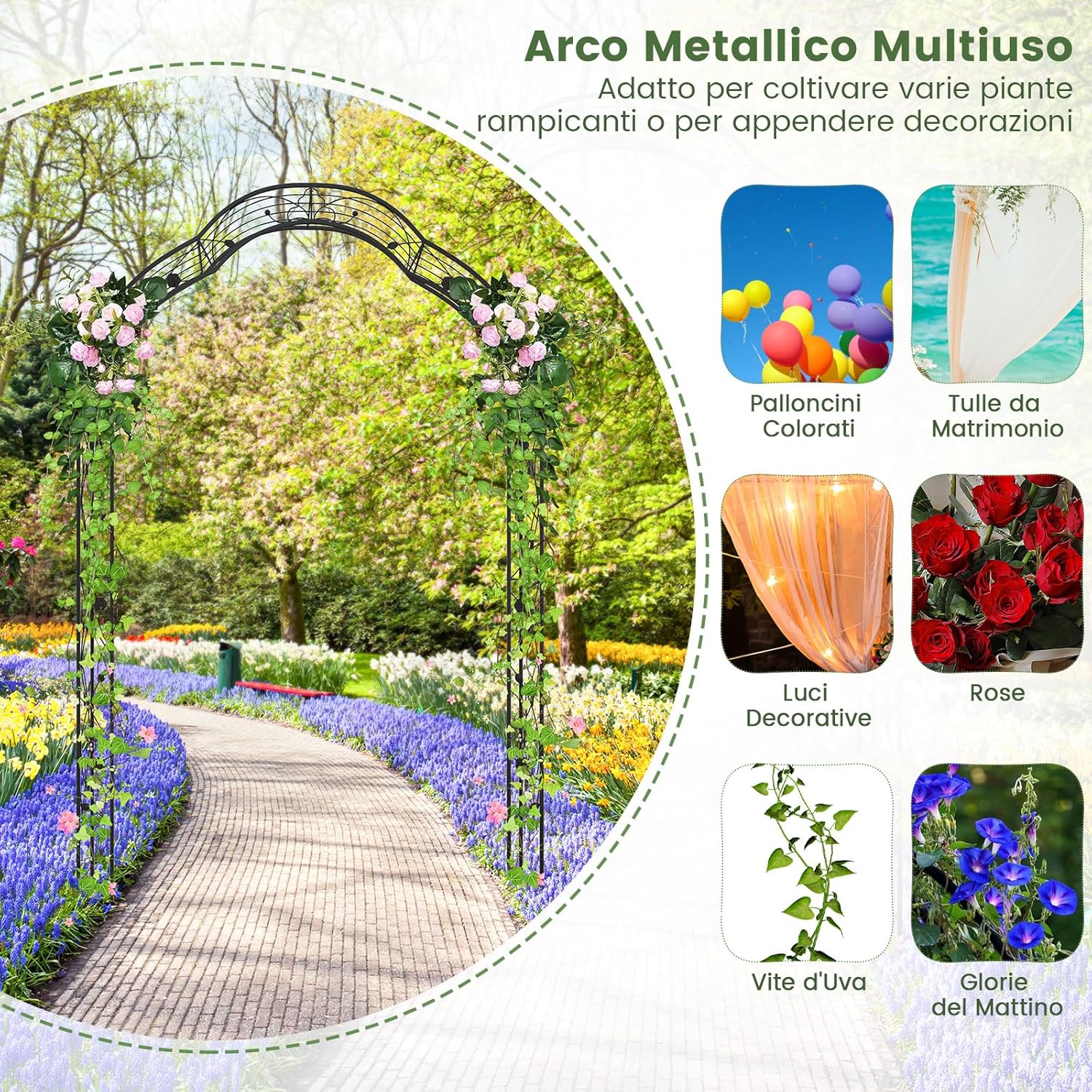 Arco da Giardino con Traliccio 250CM, 2 Mezzi Archi Trasformabili in Varie Forme, Pergolato in Metallo per Piante Rampicanti e Rose Viti, Decorazioni da Giardino per Matrimoniali