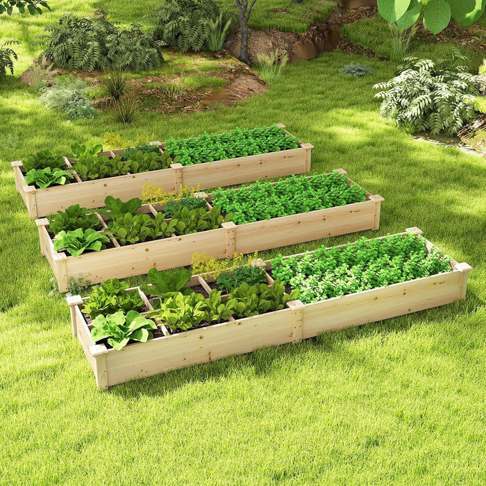 Lettino da Giardino Elevato in Legno con 2 Scatole per Piante e Separatori, Fioriera da Giardino Rialzato in Legno Massiccio da 228 cm per Fiori, Verdure, Frutta e Erbe